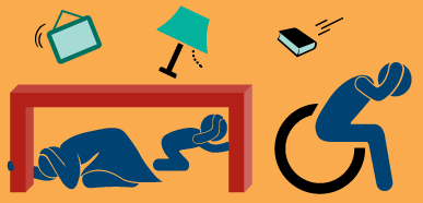 Drawing of a family protecting themselves during an earthquake, under a table and in a wheelchair.