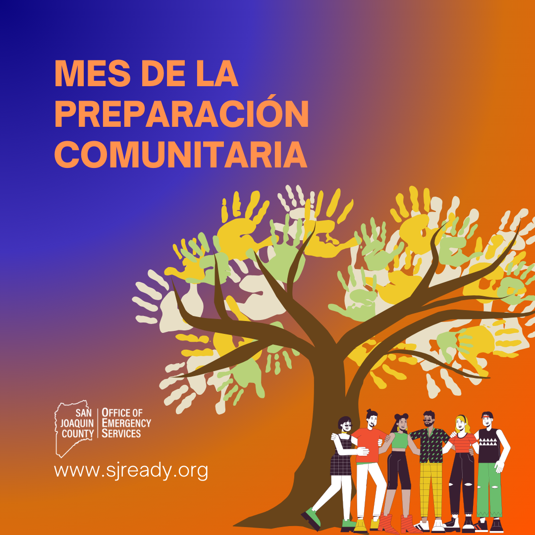 Blue and orange background with an illustration of a diverse group of people standing underneath tree with colorful handprint leaves.
