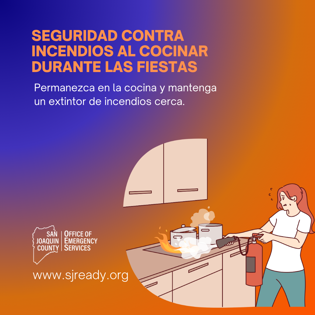 Illustration of a woman putting out a kitchen fire with a fire extinguisher.