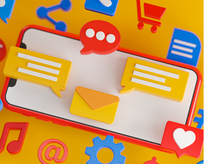 Illustration of a phone with web based icons floating around it.